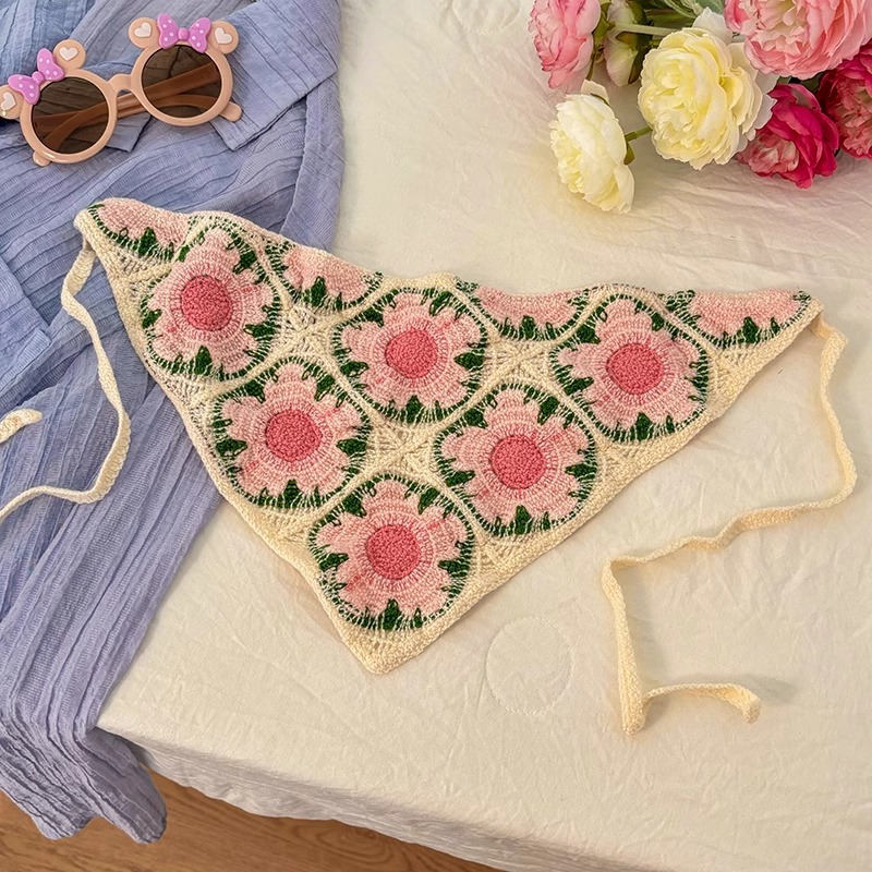 Bandera de cabello turbante en una toalla triangular cubierta de toalla cuadrada sombrero estilo pastoral ornamentación de cabello de playa de mujer correa de cabello de encaje toque