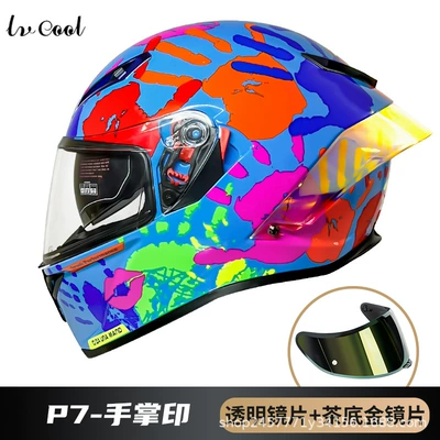 Motosiklet kaskı (dəbilqə) — Dpt Electric Vehicle Riding Helmet - p7-palm-print-with-transparent-tea-bottom-gold-lens-m