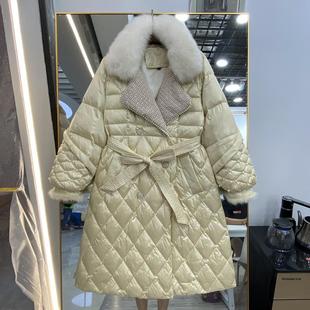 2022 New Style Chanel Style Down Jacket Women's Slim-Fit Bead Lace-Up Pocket Large Wool Collar Mid-Long Winter Clothes Internet Celebrity