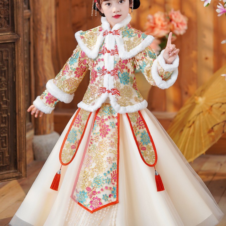 Y汉服女童冬季裙子冬装2023新款儿童新年衣服连衣裙大童过年拜年