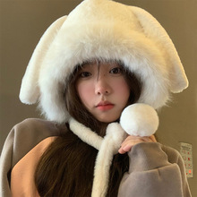 可爱白色兔耳朵毛绒帽女秋冬季显脸小护耳保暖雷锋帽大头围帽子潮