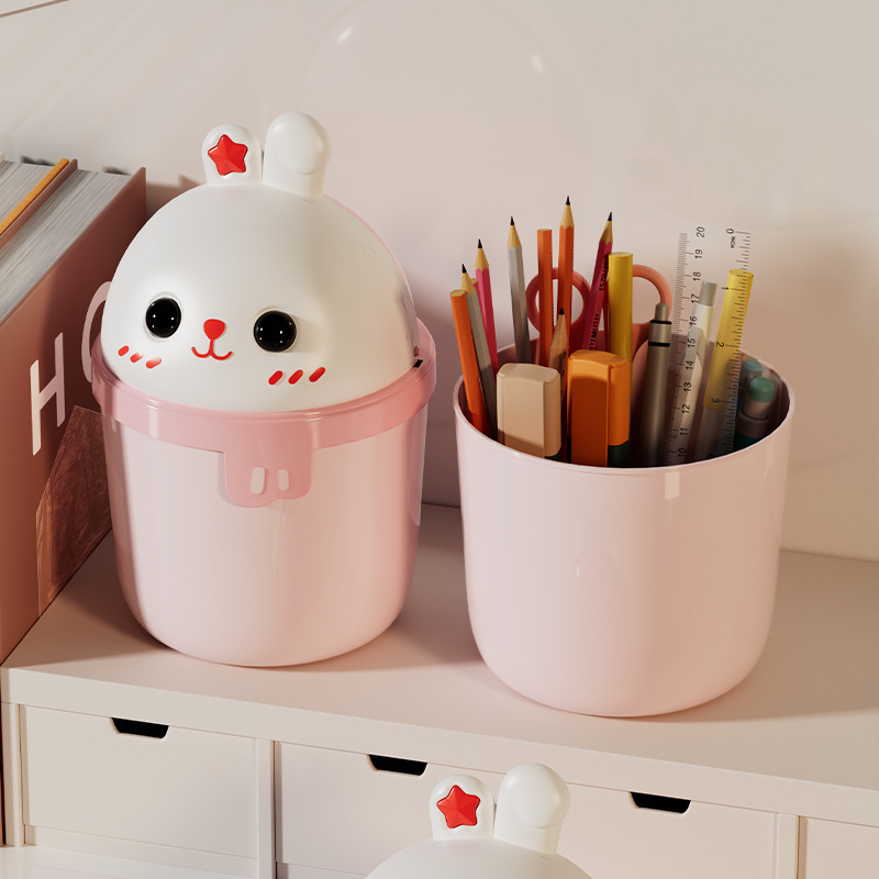 Children's Desktop Trash Can, Cute Bedroom Female Cartoon with Lid, Bathroom, High-Looking, Large-Capacity, New Model for Home Use