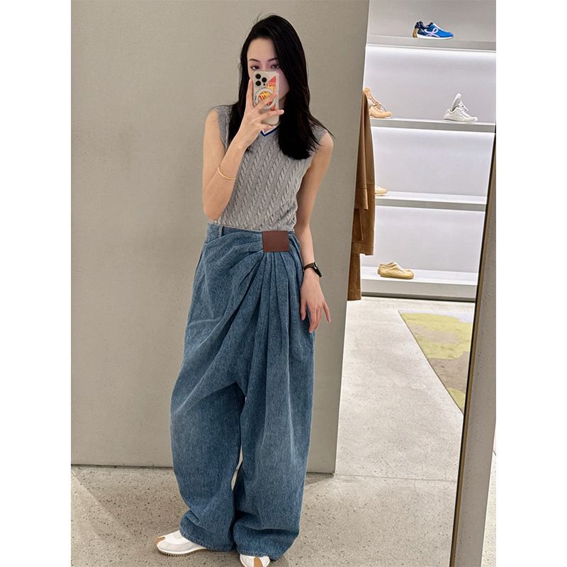 杨幂同款胖mm美式宽松牛仔裤大码新款潮牌设计休闲垂感阔腿拖地裤|undefined