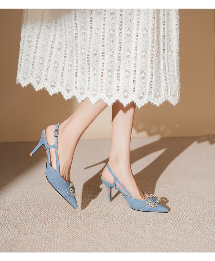 7755-5 Denim Blue Style Belt Buckle Closed Sandals Front Open Back Thin Heel High Heels Commuting_voghion.com