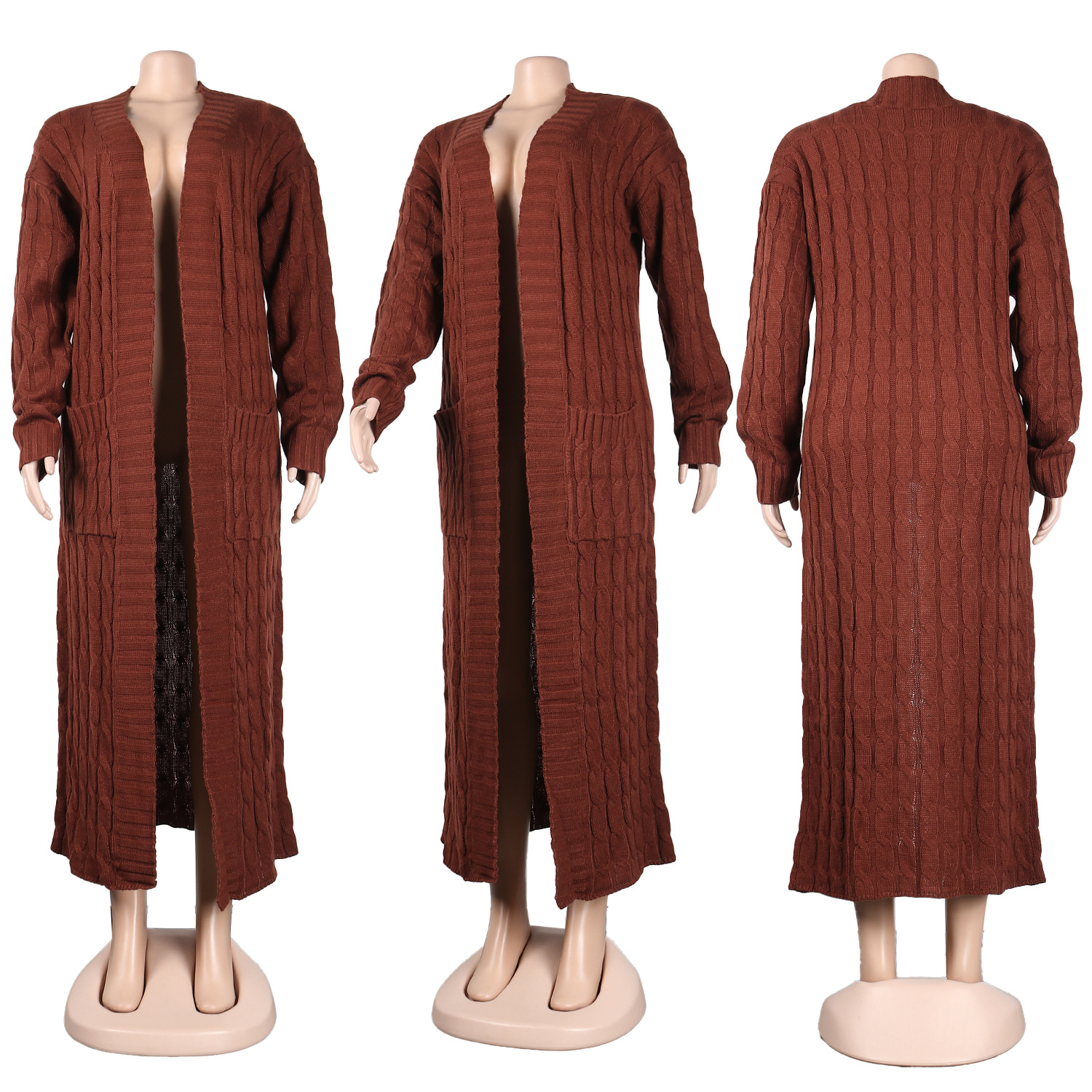 Damen Strickjacke Lang Aus Grobstrick In Unifarben Wintermantel_voghion.com