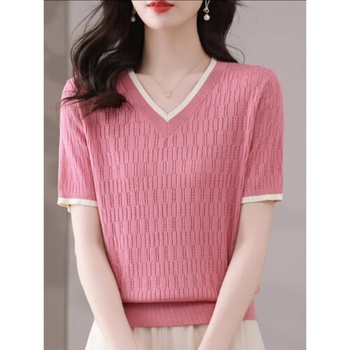 Women's Summer 2025 Loose and Slimming Breathable V-Neck Knit Short-Sleeve T-Shirt, Stylish Mother's Day Top