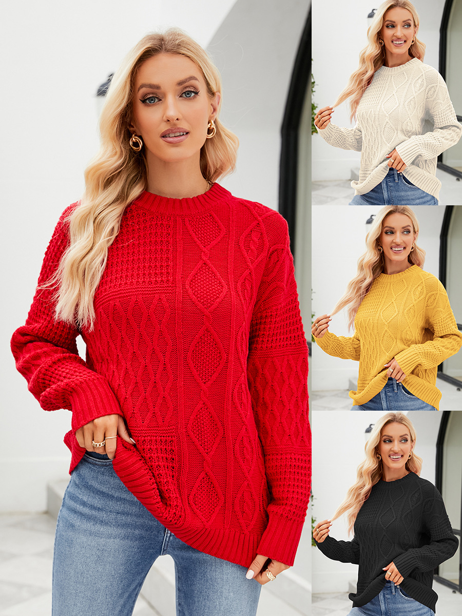 Amazon popular giro casual color sólido cuello redondo suéter perezoso estilo otoño e invierno nuevo suéter suelto