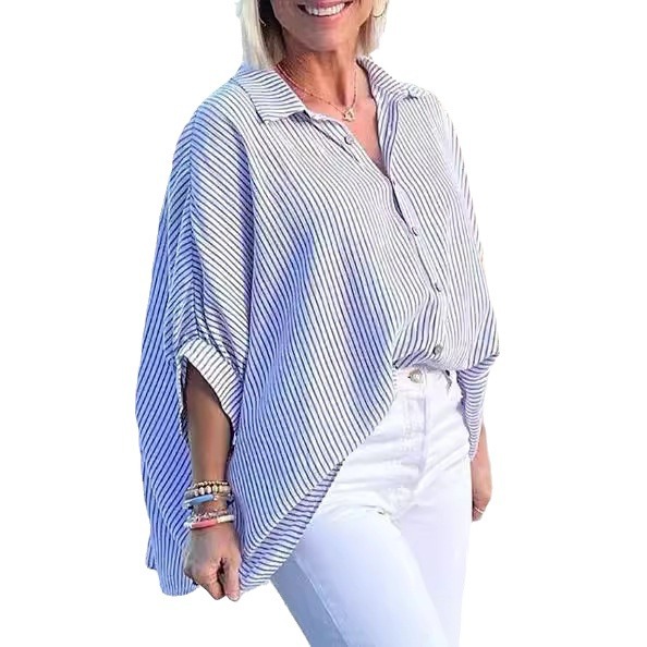 Women's Clothing Classic Stripe Button-Down Shirt For Women, Mid-Sleeve Casual Top For Spring And Summer_ecoleips.com