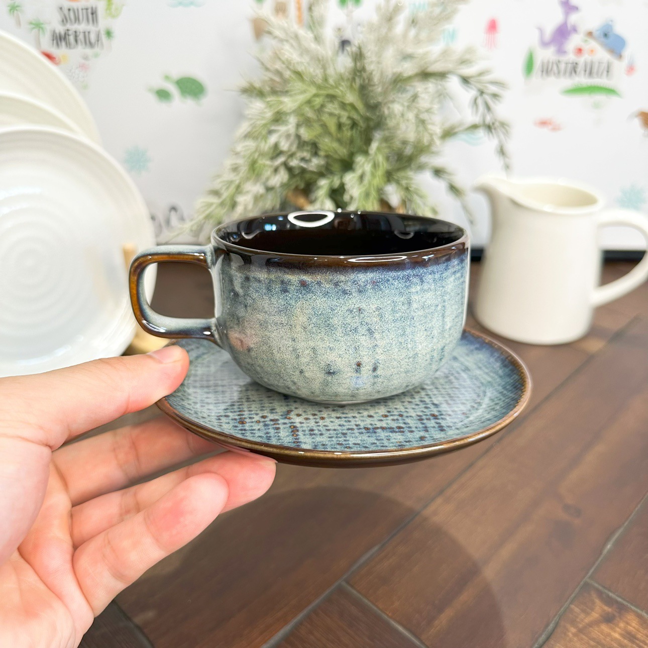 Juego de tazas de café individuales de la serie LZ export cross-border tableware, con diseño de lino cerámico y diseño de mezclilla.