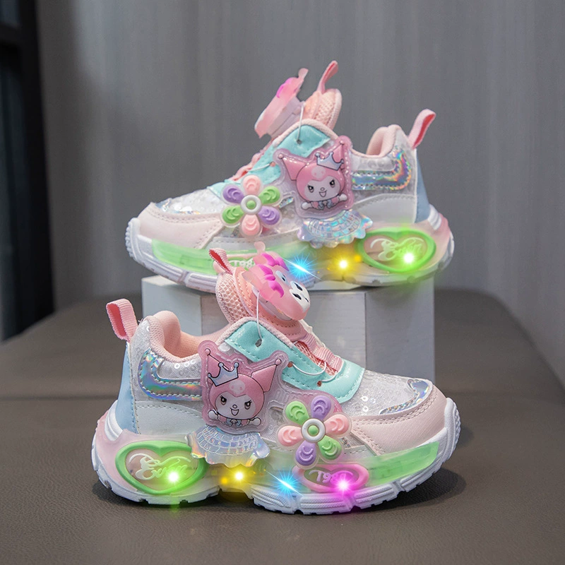 Весна 2024, новая детская спортивная обувь для девочек, дышащая светящаяся обувь принцессы с вращающейся пуговицей для кампуса для девочек