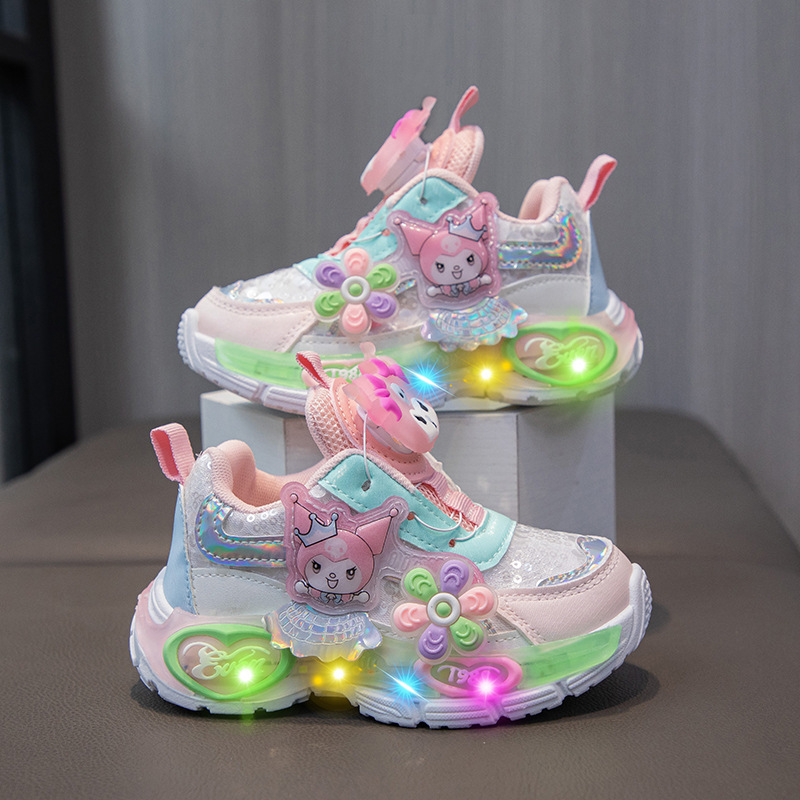 2026 Spring New Girls' Sneakers Princess Light-Up Campus Breathable Girls' Rotating Button Glowing Shoes