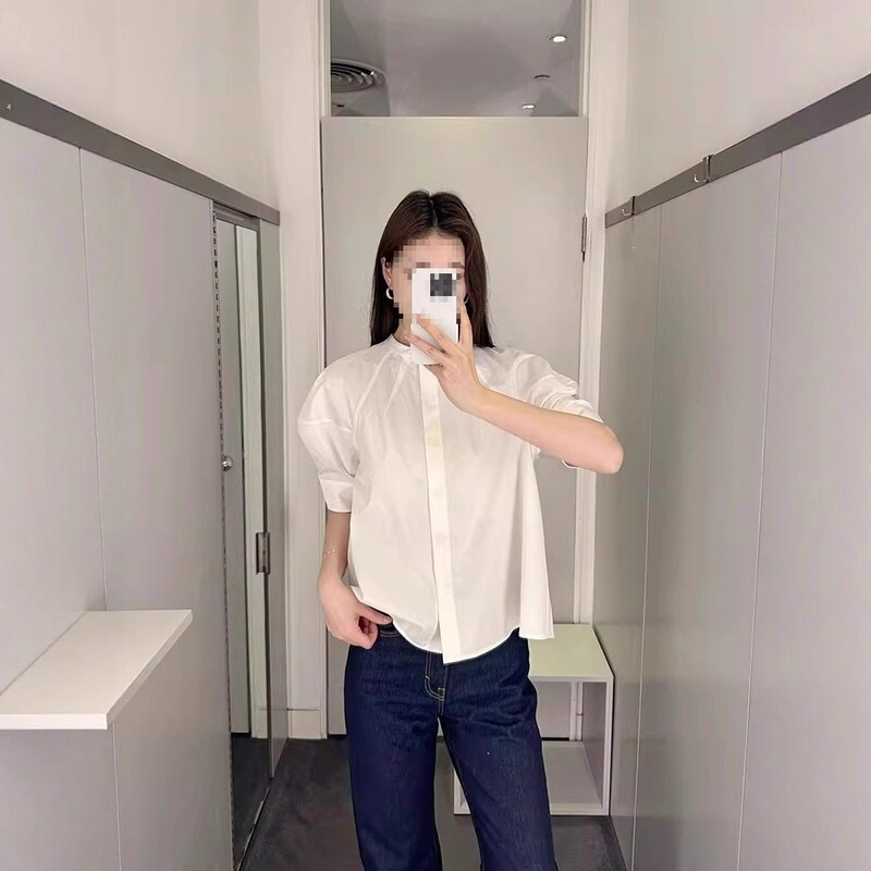 Minimalist Design Cos Style Puff Sleeve Shirt for Women, Summer French-Style White Round-Neck Cotton Short-Sleeve Top