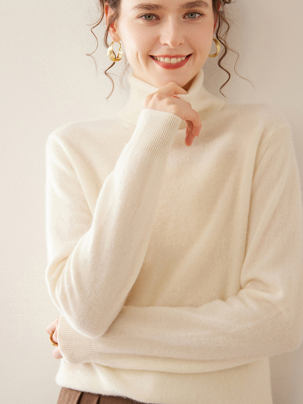 Women's Cashmere Knitted Base Shirt with High Lapel Collar Loose Fashion All-match Flat Slim Warm Long-sleeved Sweater Top