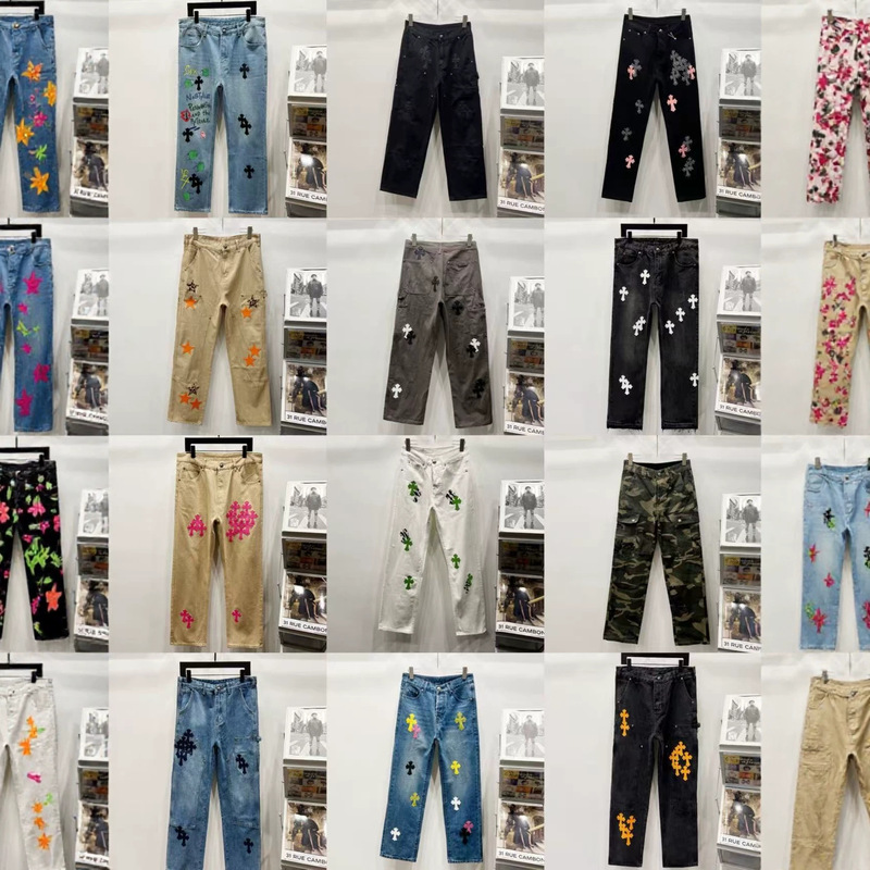 High Street Fashion Brand Chrome Hearts Cross Denim Jeans Couple Style Patchwork Leather Straight Loose Wide-Leg Casual Pants Versatile