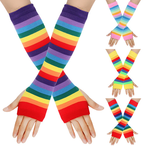 Cross-border rainbow knitted gloves colorful striped sleeves European and American proud colorful holiday party party gloves cosp