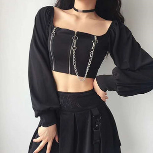 Dark Retro Girl's Chain Zipper Square Collar Clavicle Top Chic Slim-fit Short Long-sleeved T-shirt