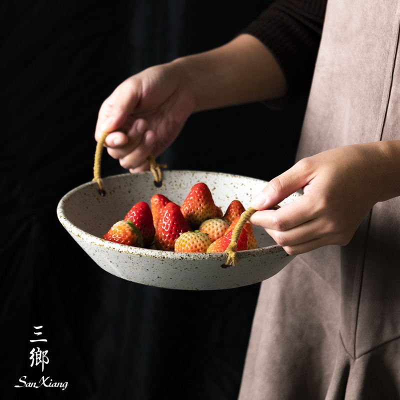 Creative Japanese style stoneware double-ear fruit plate with hemp rope soup plate household ceramic deep plate retro distressed style dinner plate