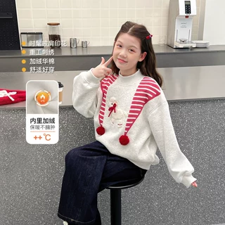 一体绒加厚大童刺绣卫衣女童韩版上衣儿童洋气潮搭2026冬装新款