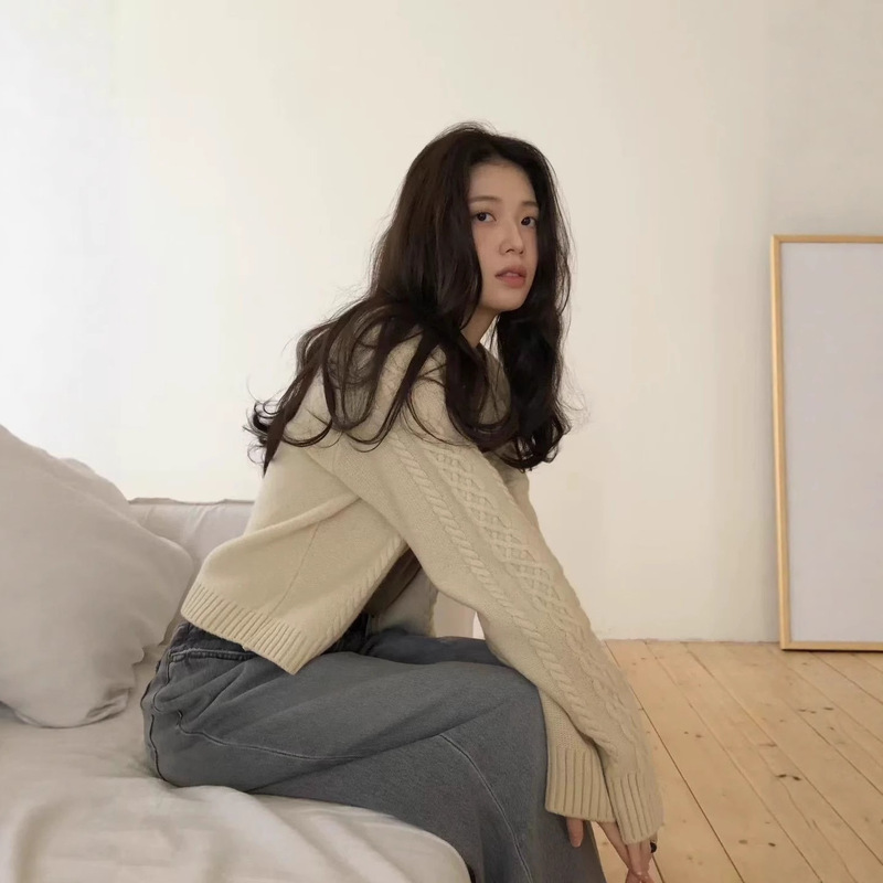 现货韩国东大门代购版ins复古麻花针织开衫毛衣女秋冬外套|undefined