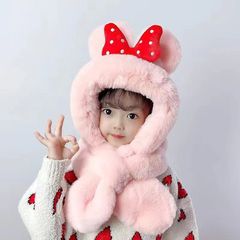 子供の帽子のマフラーの一体の毛の帽子の秋冬の2つのセットの漫画の蝶結びのベルベットの男女の赤ちゃんの耳の帽子