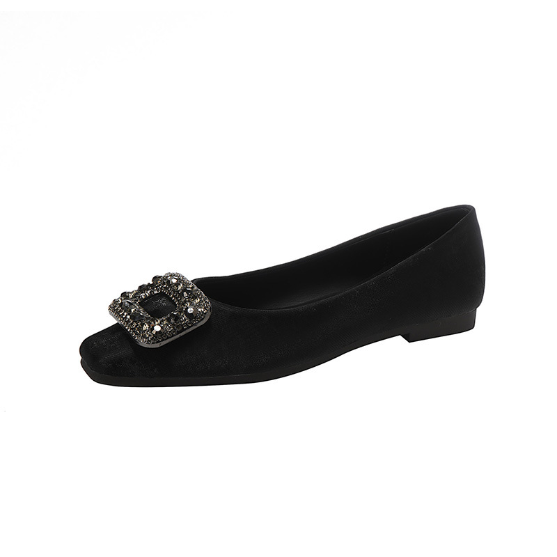 Single Shoe Women's 2024 New Square Button Water Diamond Soft Sole Flat Heel Ladle Shoes