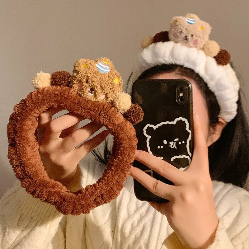 Linda banda para el cabello de felpa marrón para el lavado de cara, máscara para mujer, banda para el cabello especial para el maquillaje, banda para el cabello peluda, diadema beige