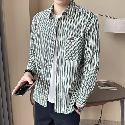 Men's Spring and Autumn Long Sleeve Shirt, Trendy Brand Stylish Casual Versatile Fashion Striped Collar Shirt, Men's Outerwear