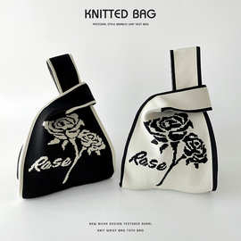 韩版小众设计黑白玫瑰针织单肩手提包手拎包简约百搭大容量托特包