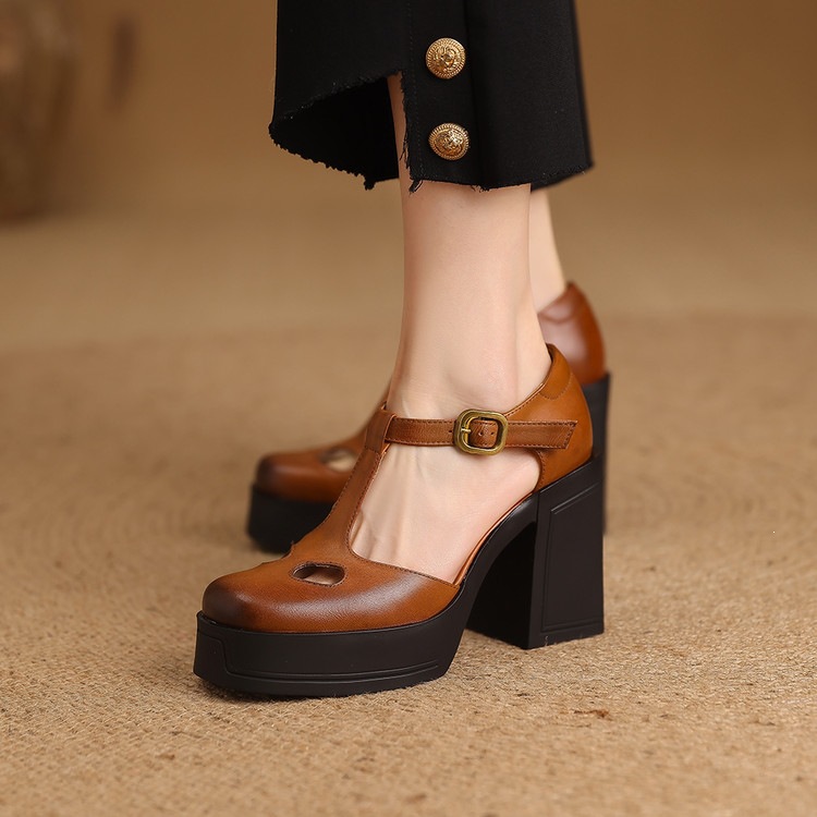Sandal nữ đế xuồng platform gót vuông phong cách vintage khóa kim loại — màu nâu, màu đen chi tiết 32