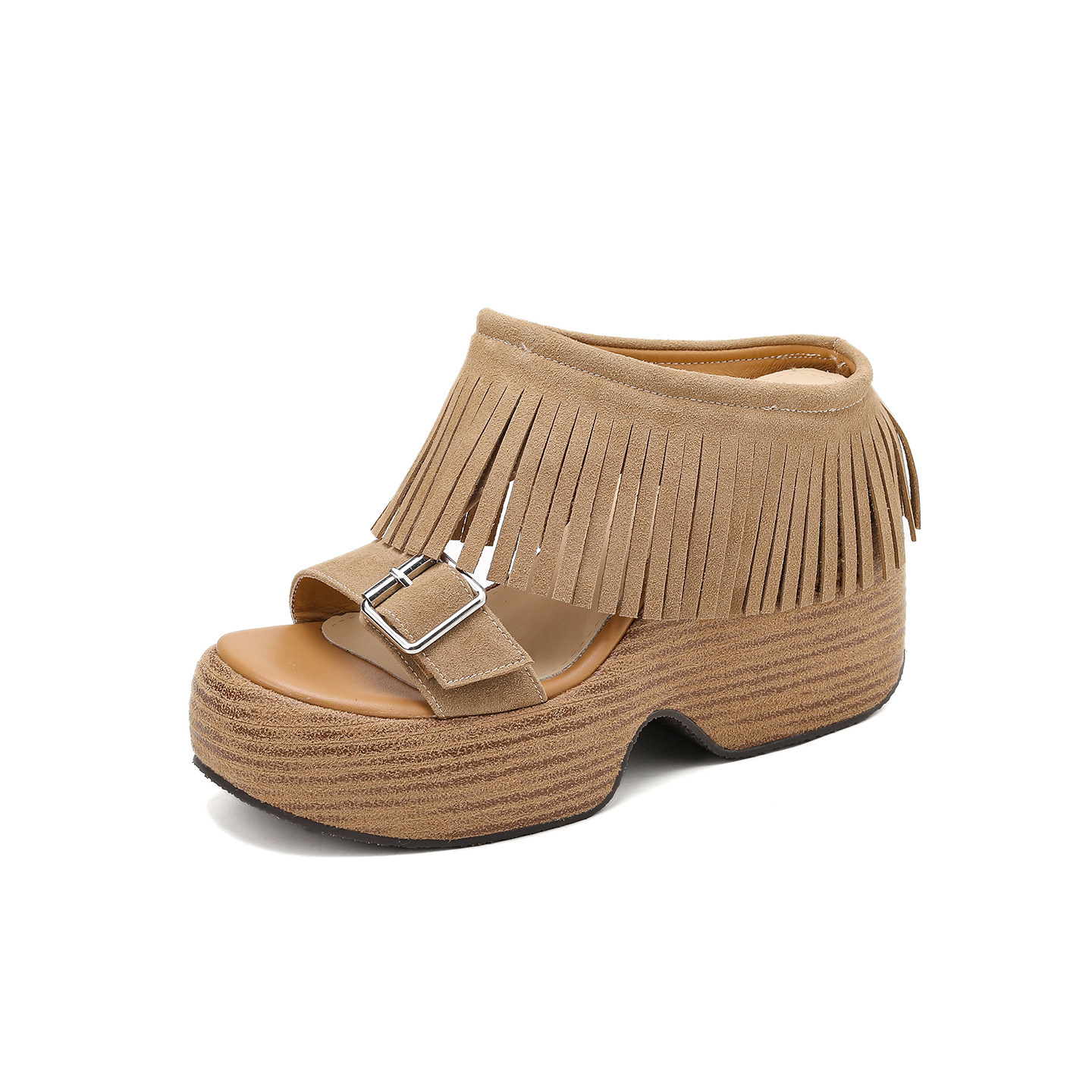Sandal nữ hở mũi đế dày gót 11 cm tua rua quai ngang khóa — nâu sẫm