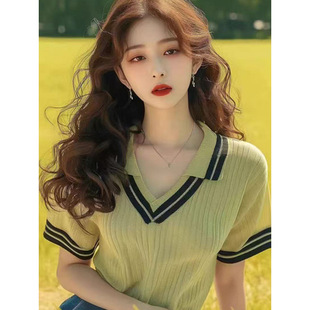 Summer Women's Thin Knitted Ice Silk White Short-Sleeved Women's Shirt 2025 New Design Niche Collar Top