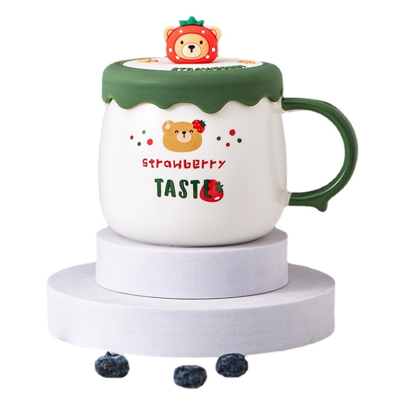 Taza de cerámica con oso fresa, regalo lindo para estudiantes