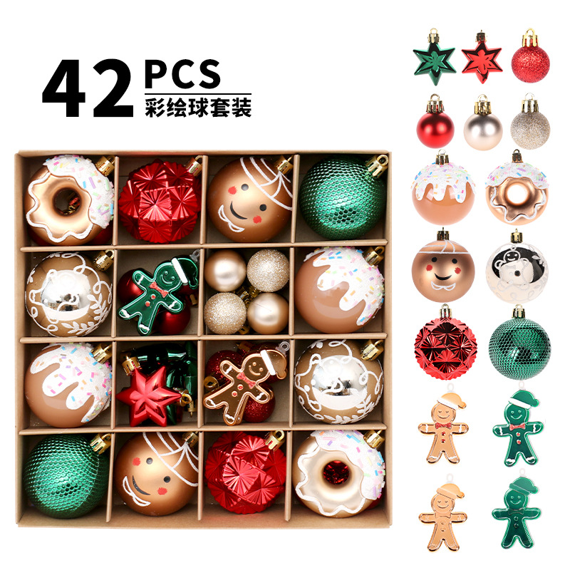 跨境 聖誕節裝飾品 紅綠金42個精品彩繪聖誕球套裝 聖誕樹掛件