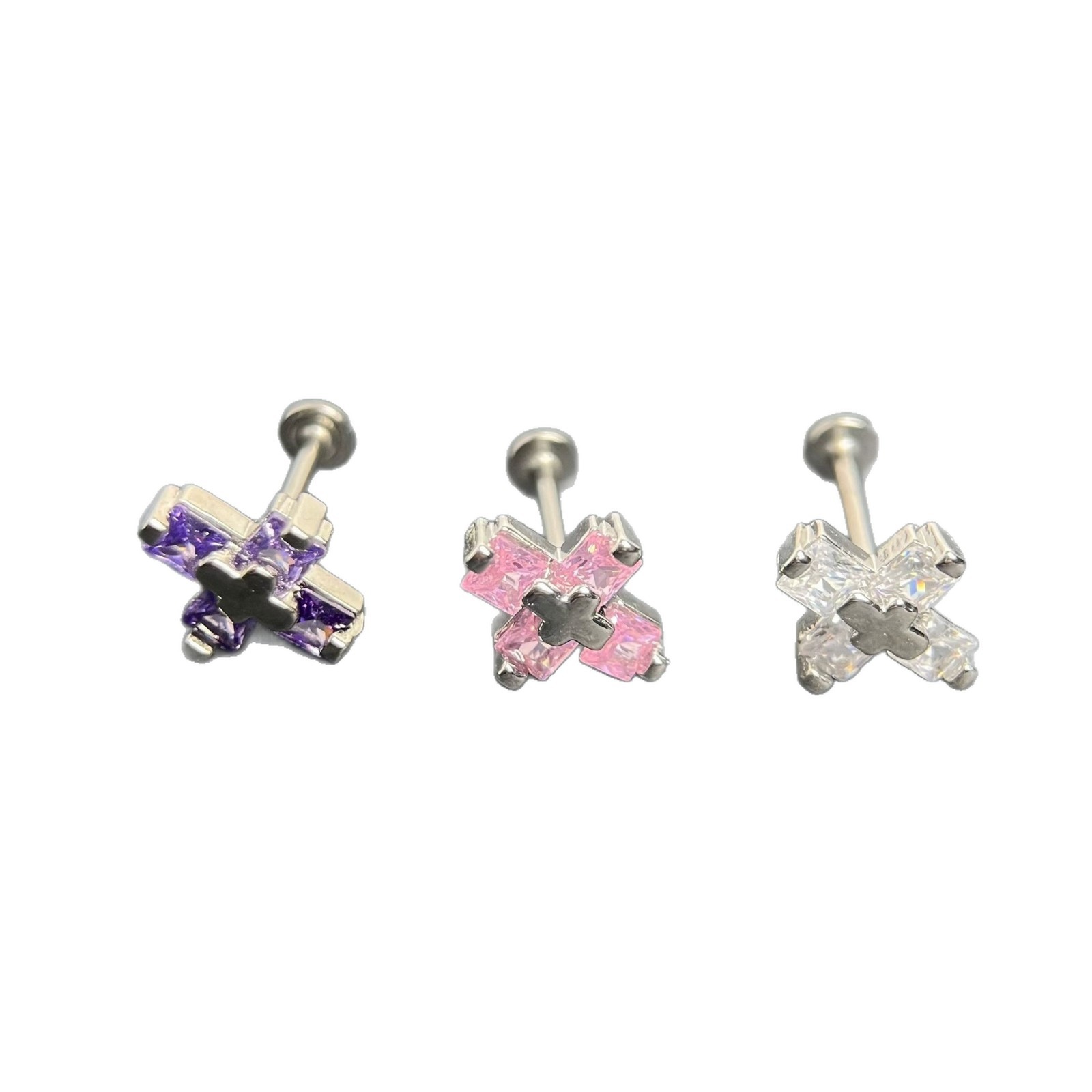 Zirkon kryss brusk piercing i rustfritt stål_voghion.com
