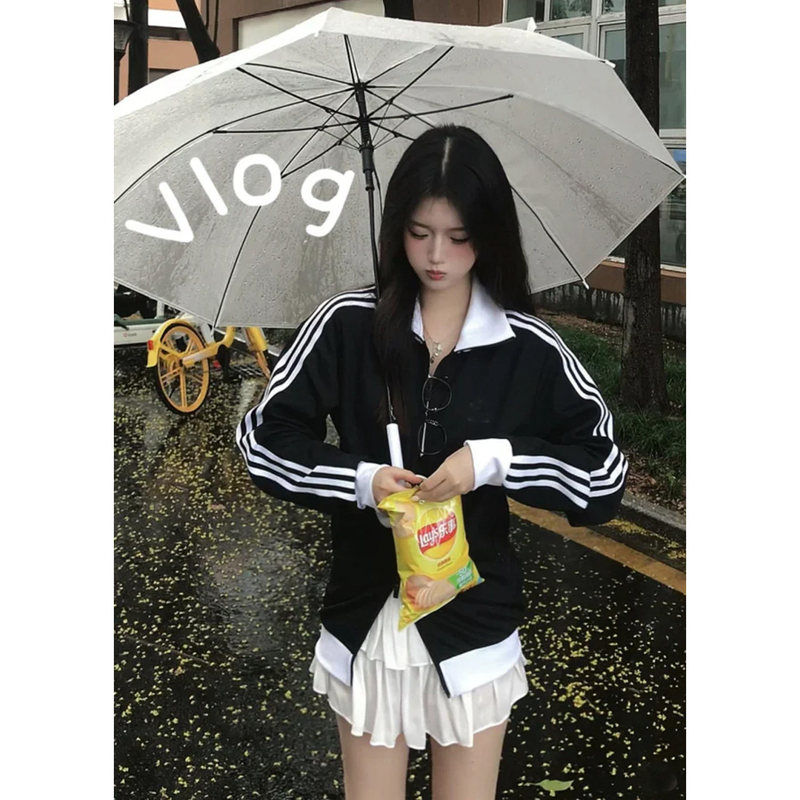Three-stripe early autumn jacket for women, spring and autumn Korean style, stand-up collar jacket, baseball jacket, sporty campus style sweatshirt top