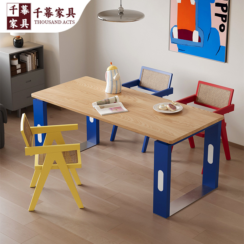 Qianmu Vintage Bauhaus Dining Table, Solid Wood Dining Table for Small Homes, Dopamine Desk, White Ash Wood Long Table