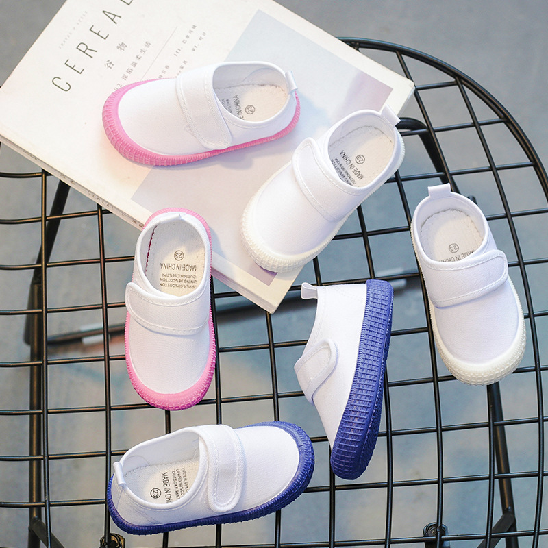 Factory children's canvas shoes children's kindergarten cloth shoes boys and girls' magic tape cloth shoes white shoes factory 