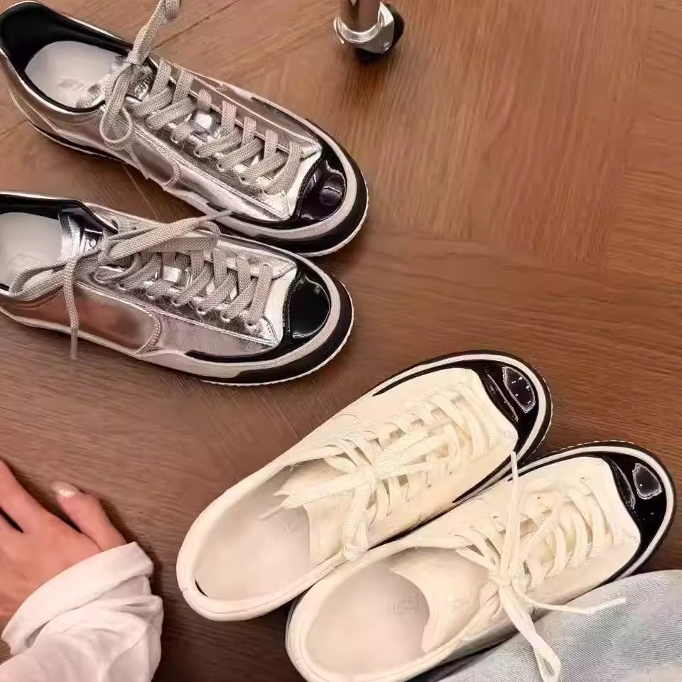 Soft Leather Version~Mobeishancha 2026 Spring New Style Simple Casual Versatile Flat-Soled Color-Blocking Sneakers White Shoes