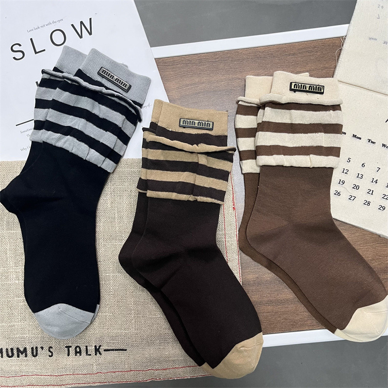 2023 European Fashion Socks for Women, Trendy Socks with Unique Design, Patchwork Striped Flared Cuff Slouch Socks, Versatile and Non-Slip