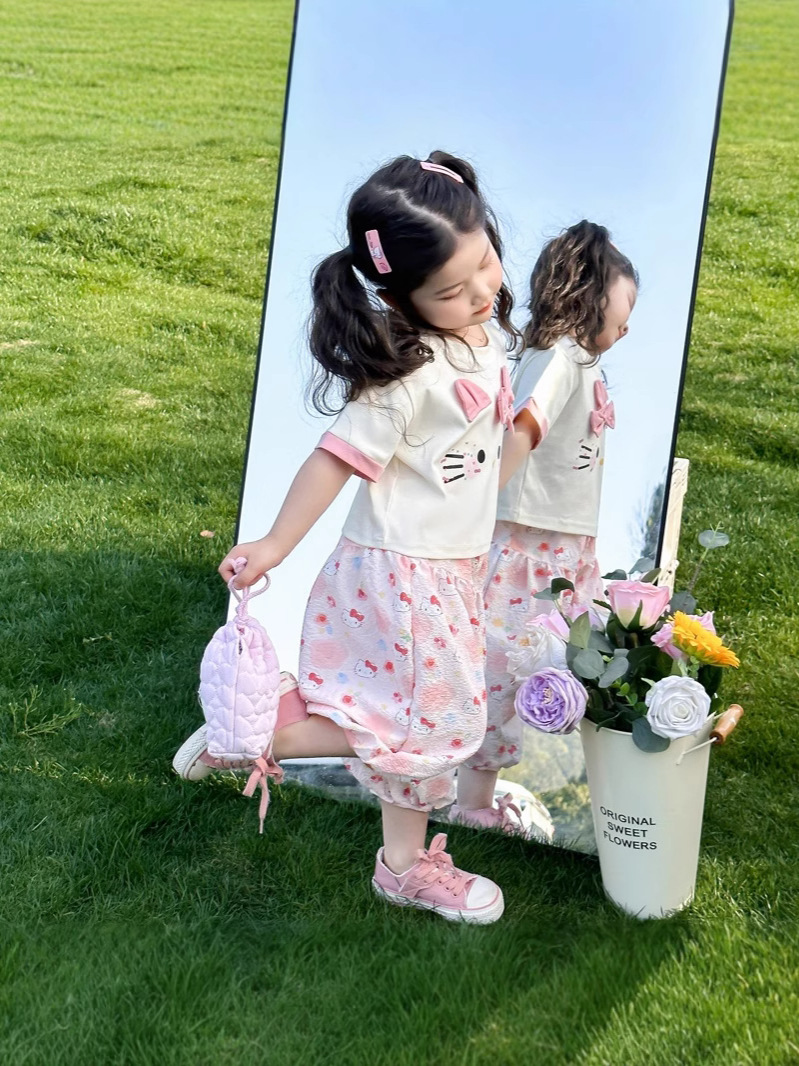 【48時間以内発送】新作おしゃれ女児用白半袖カジュアルツーピースセット 女の子用サマーセット