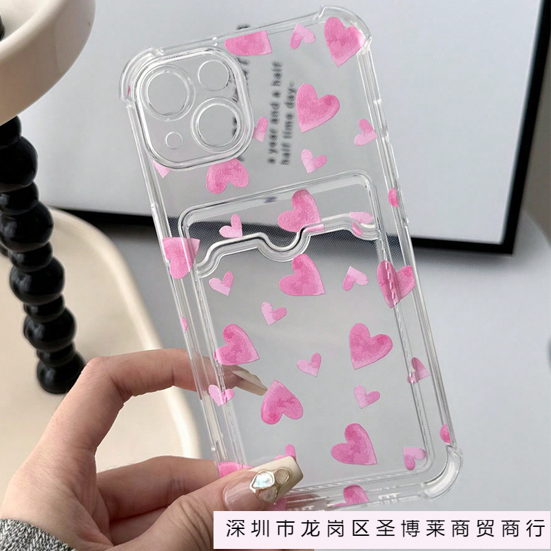 Pink Heart Suitable for Apple 14Pro Mobile Phone Case 12Promax Card Holder Anti-Fall 15 Transparent Xsmax Soft Shell 13