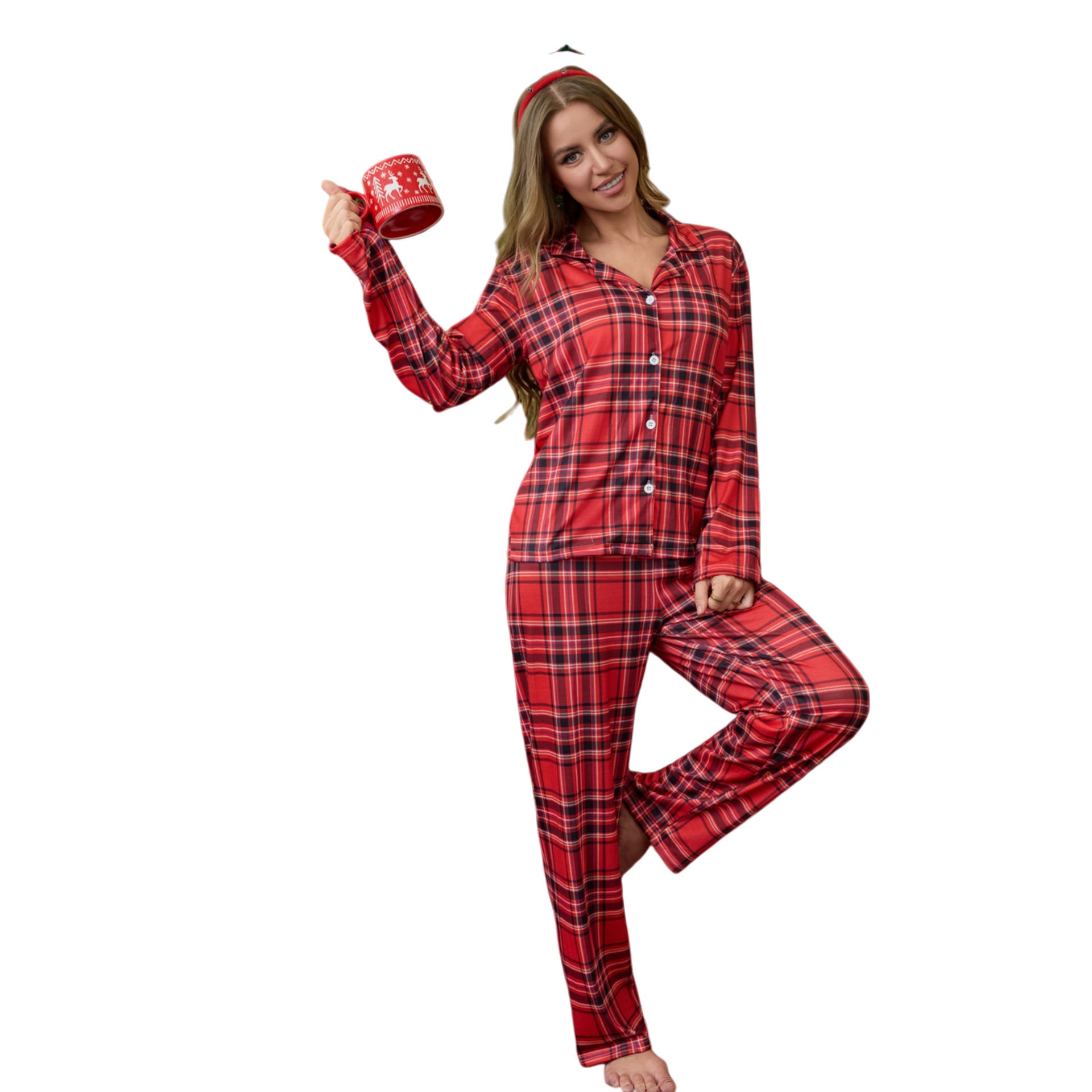 Otoño y invierno de las nuevas damas Navidad Europa y Estados Unidos Cardigan transfronterizo cuello de manga larga pijama de manga larga ropa de hogar conjunto de mujeres