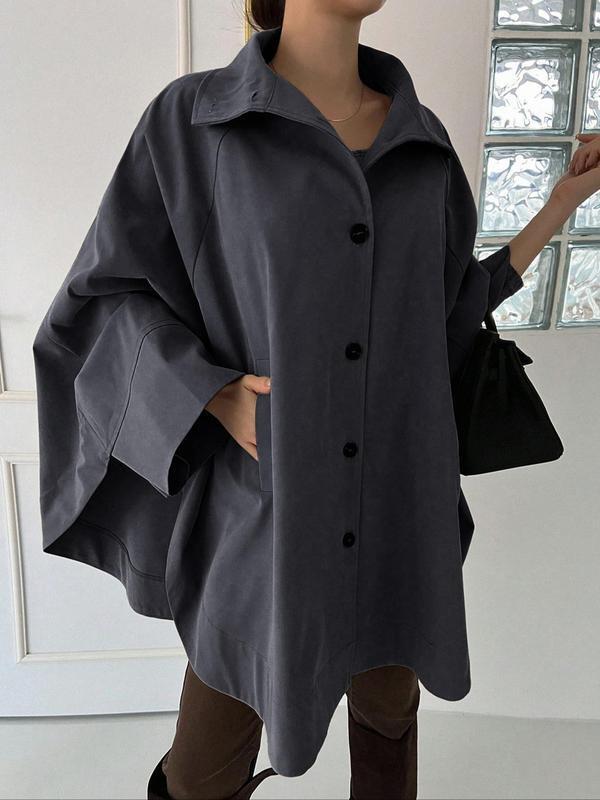 Women's Plain Pocket Button Front Coat Elegant Batwing|undefined