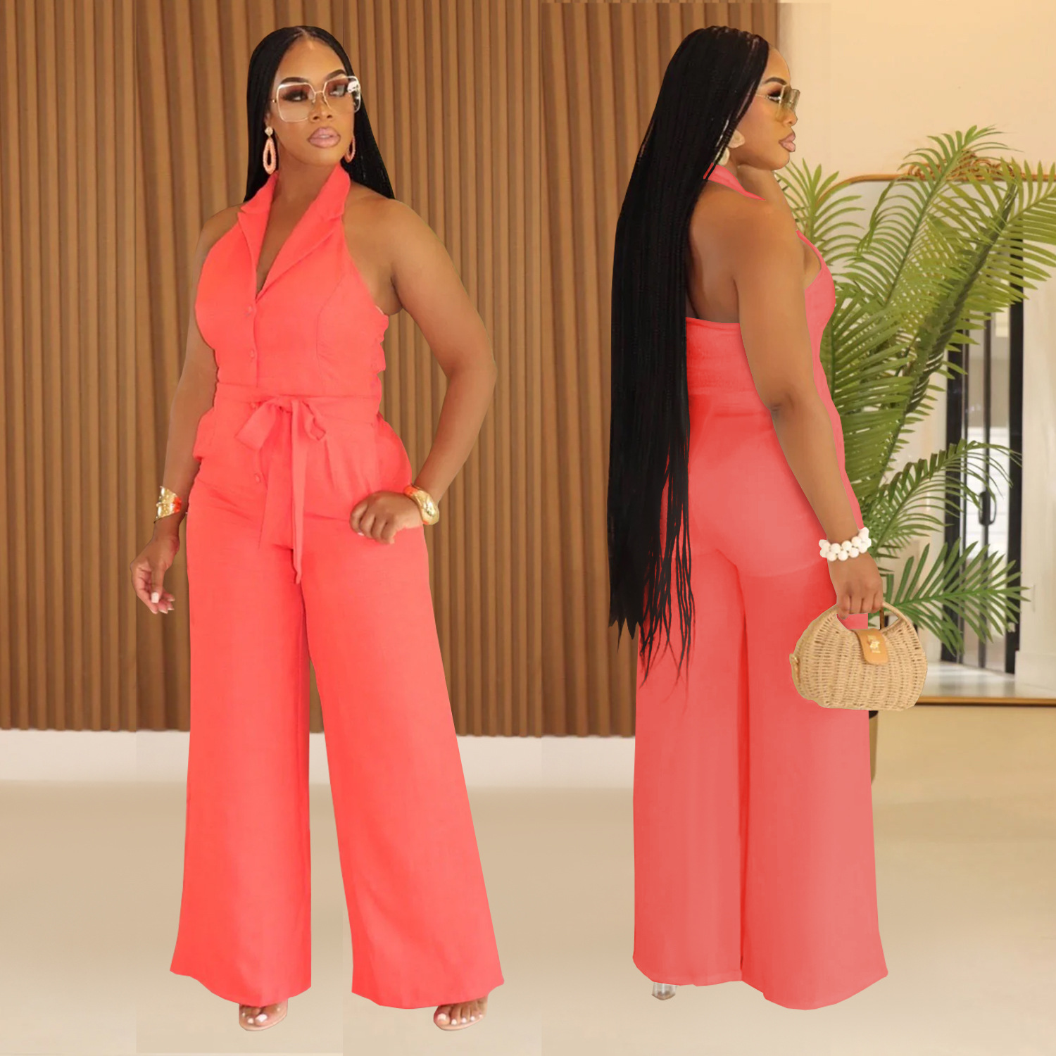 C7368 Cross-border AliExpress Amazon Moda europea y americana Ropa de mujer Verano Casual Color sólido Cuello en V Mono halter Nuevo
