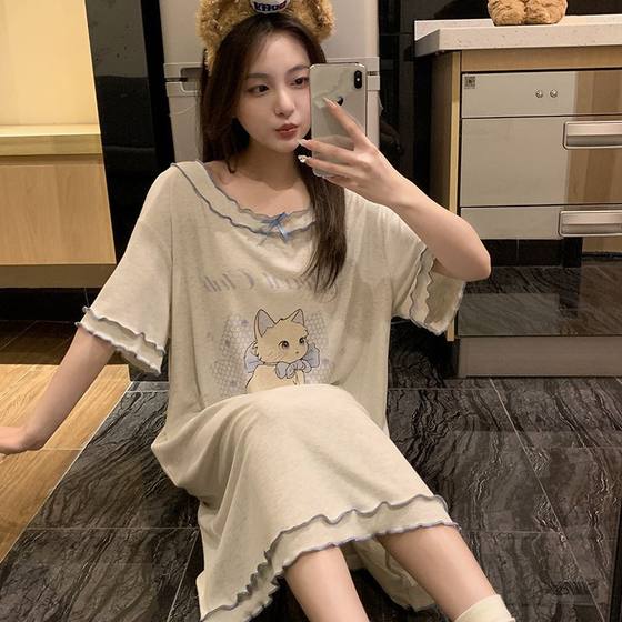Nightgown for Women Summer New Style Modal Threaded Round Neck Short-Sleeved Mid-Length Nightgown for Girls Sweet and Cute Home Wear Thin