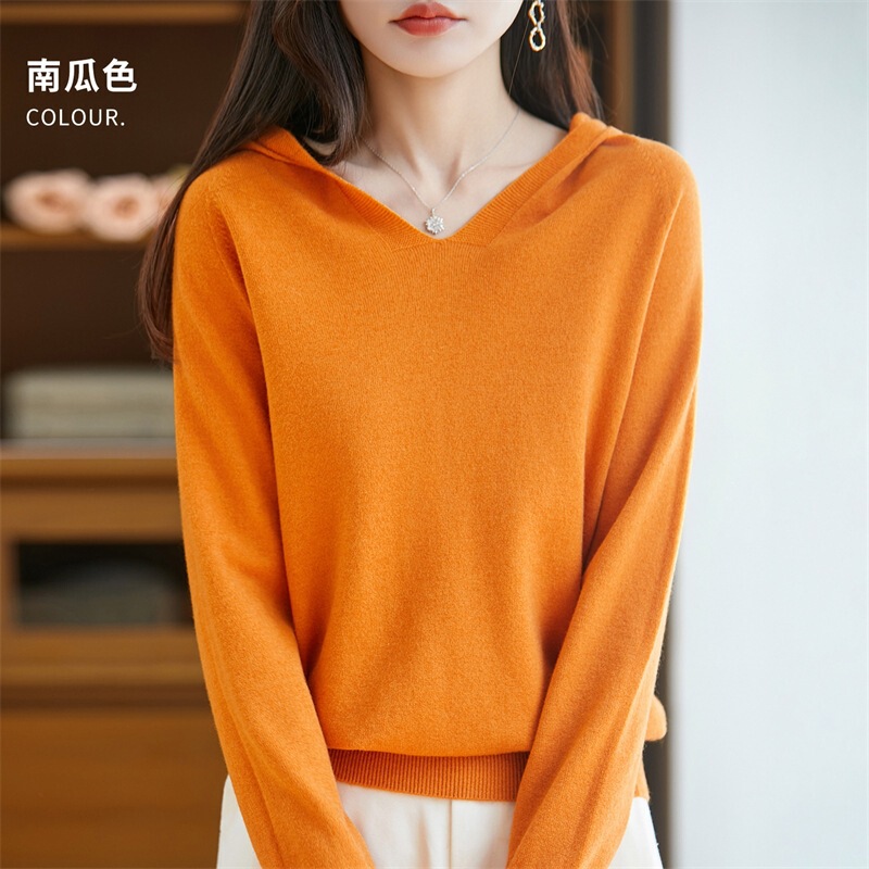 Cross-border style V-neck hooded sweater, knitted sweater with a hood, women's autumn and winter collection, warm and comfortable