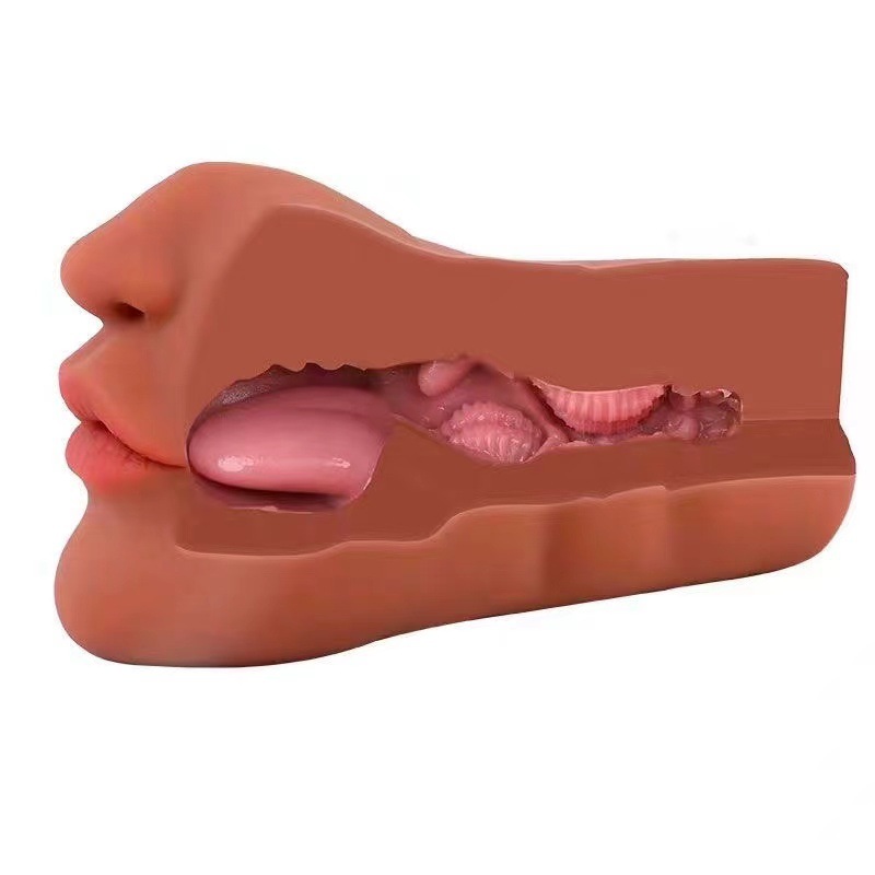 Mouth, Vaginal and Anal Triple-Entry Masturbator, Reverse-Molded TPE, Dark Brown — detail image 2