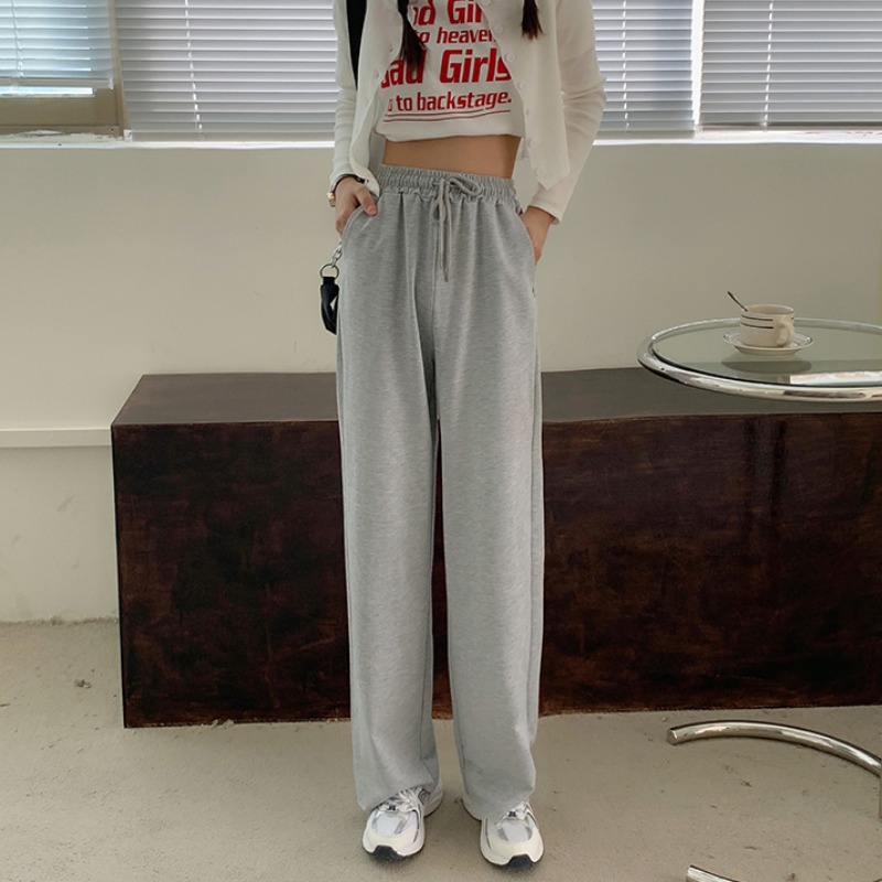 여성용 회색 루즈핏 스포츠 팬츠, 슬림한 와이드 레그 스트레이트 캐주얼 바지, 학생용 긴 바지, 다리가 길어보이는 트렌디한 팬츠
