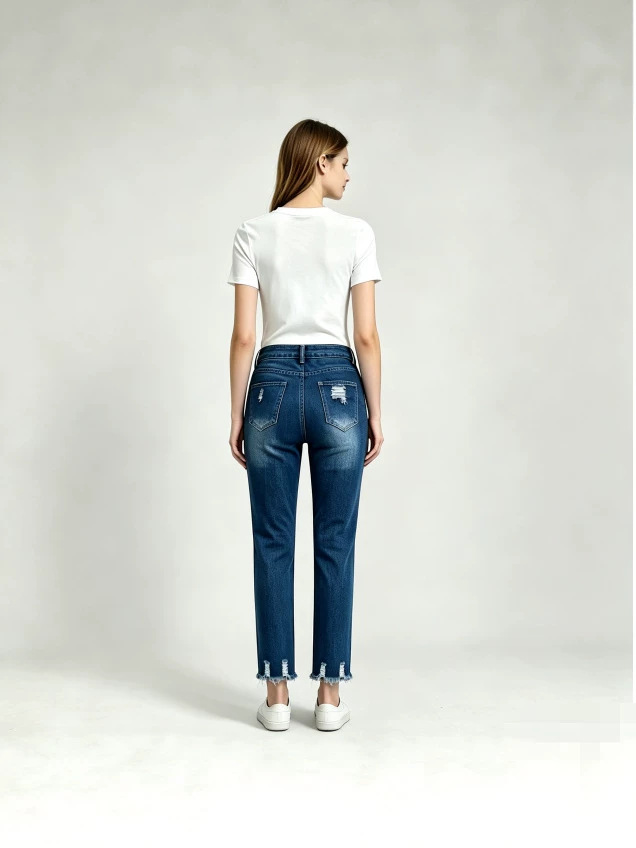 Jeans Rectos con Rasgados para Mujer de Mezclilla de Algodón con Cintura Alta