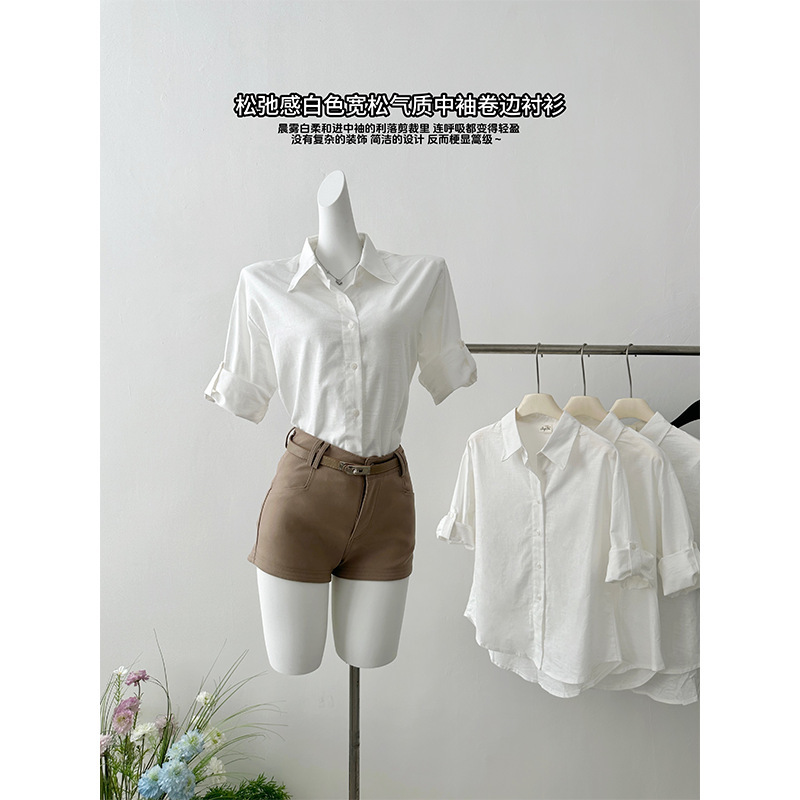 Cotton and Linen Cotton Relaxed Feeling 100% Shirt Women's Spring and Summer New Polo Collar Casual Top
